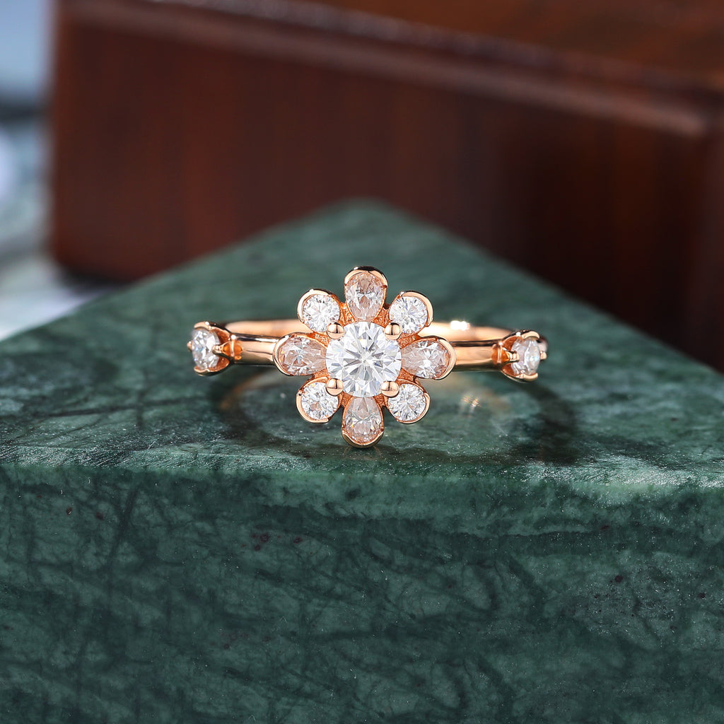 Round cut moissanite Blossom rose gold engagement Ring.