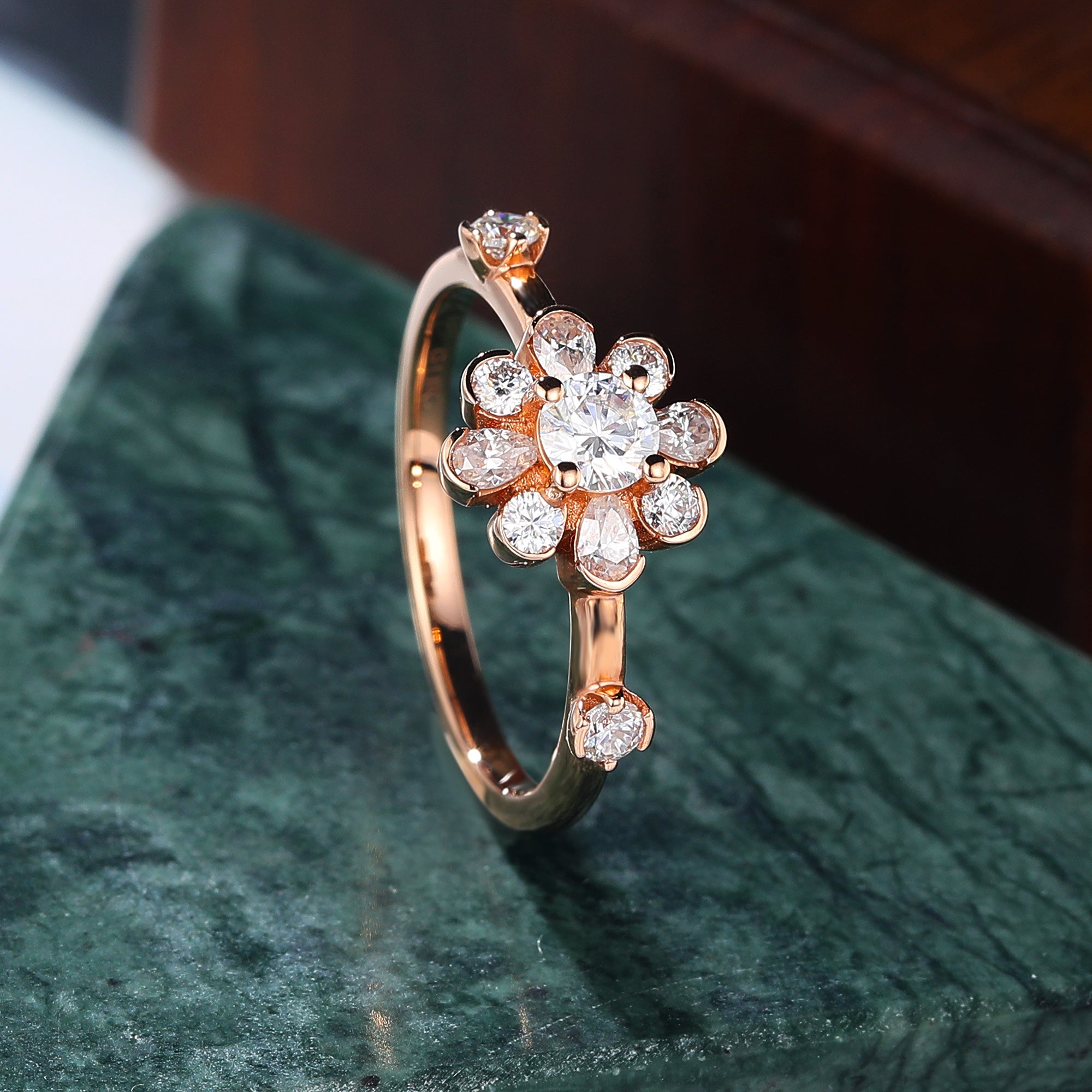 Round cut moissanite Blossom rose gold engagement Ring.