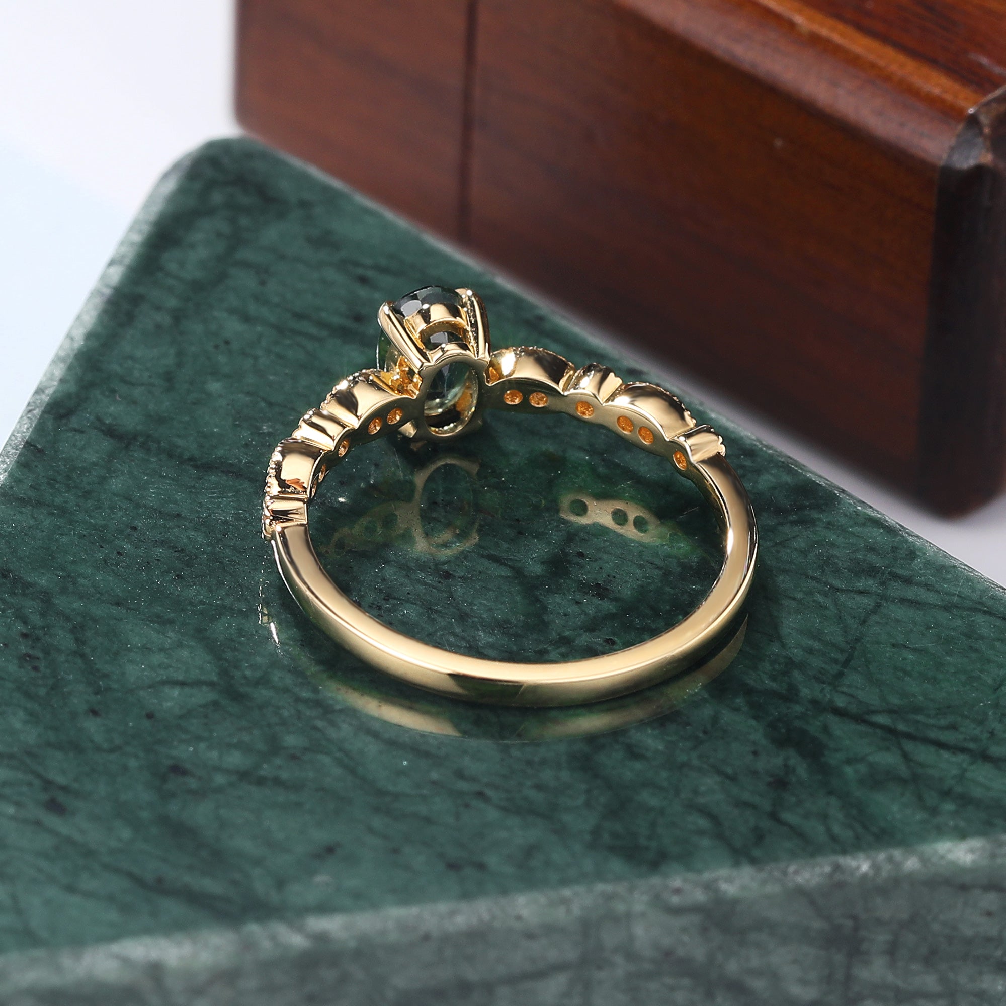 Oval cut Green Blue Sapphire yellow gold engagement Ring.