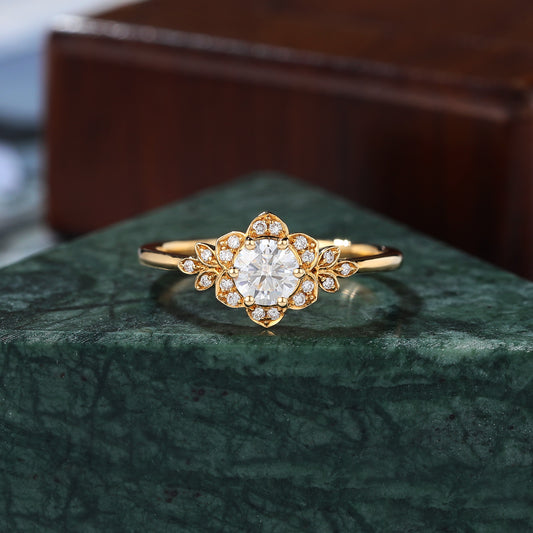 Round cut moissanite yellow gold engagement Ring.