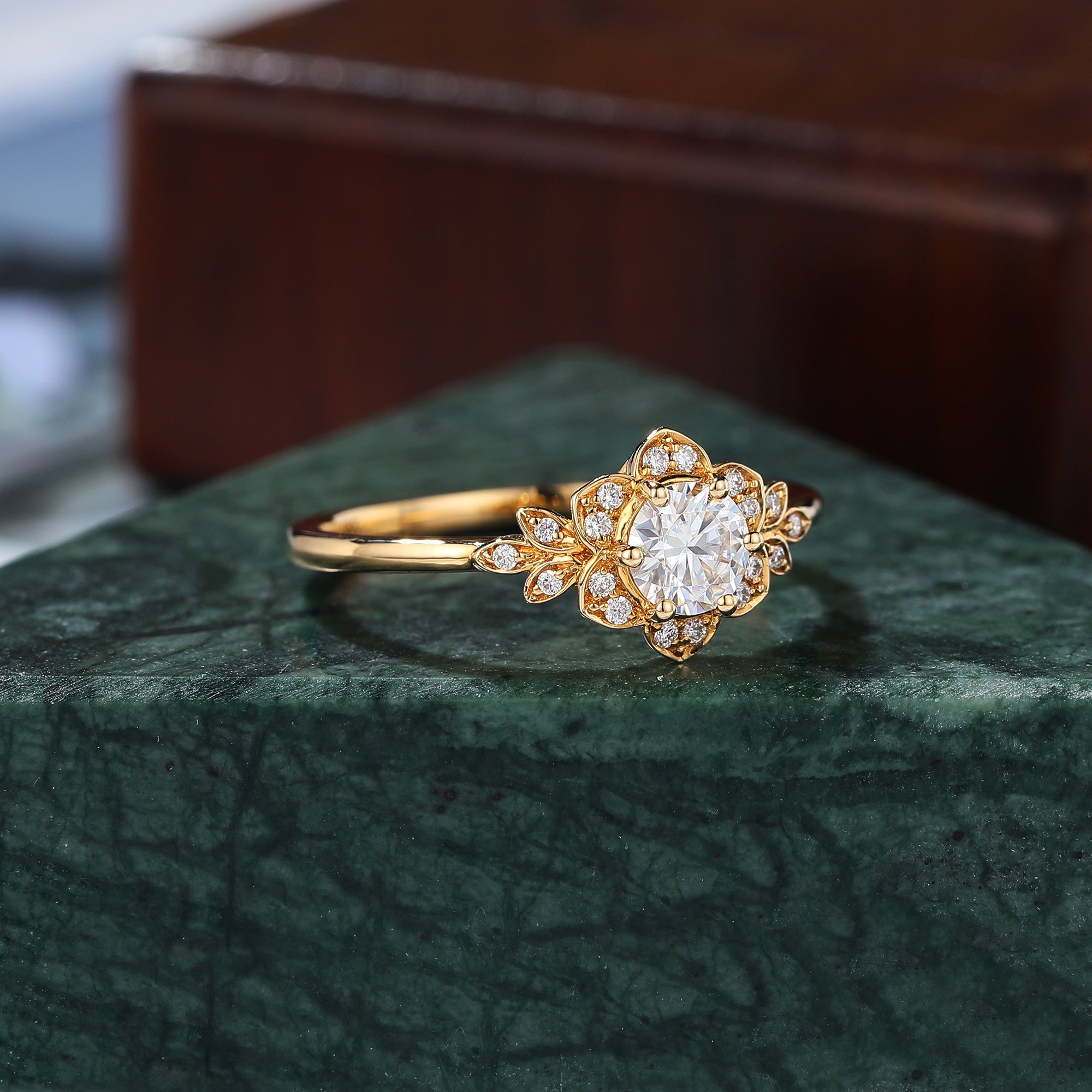 Round cut moissanite yellow gold engagement Ring.