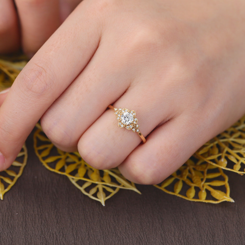 Round cut moissanite yellow gold engagement Ring.