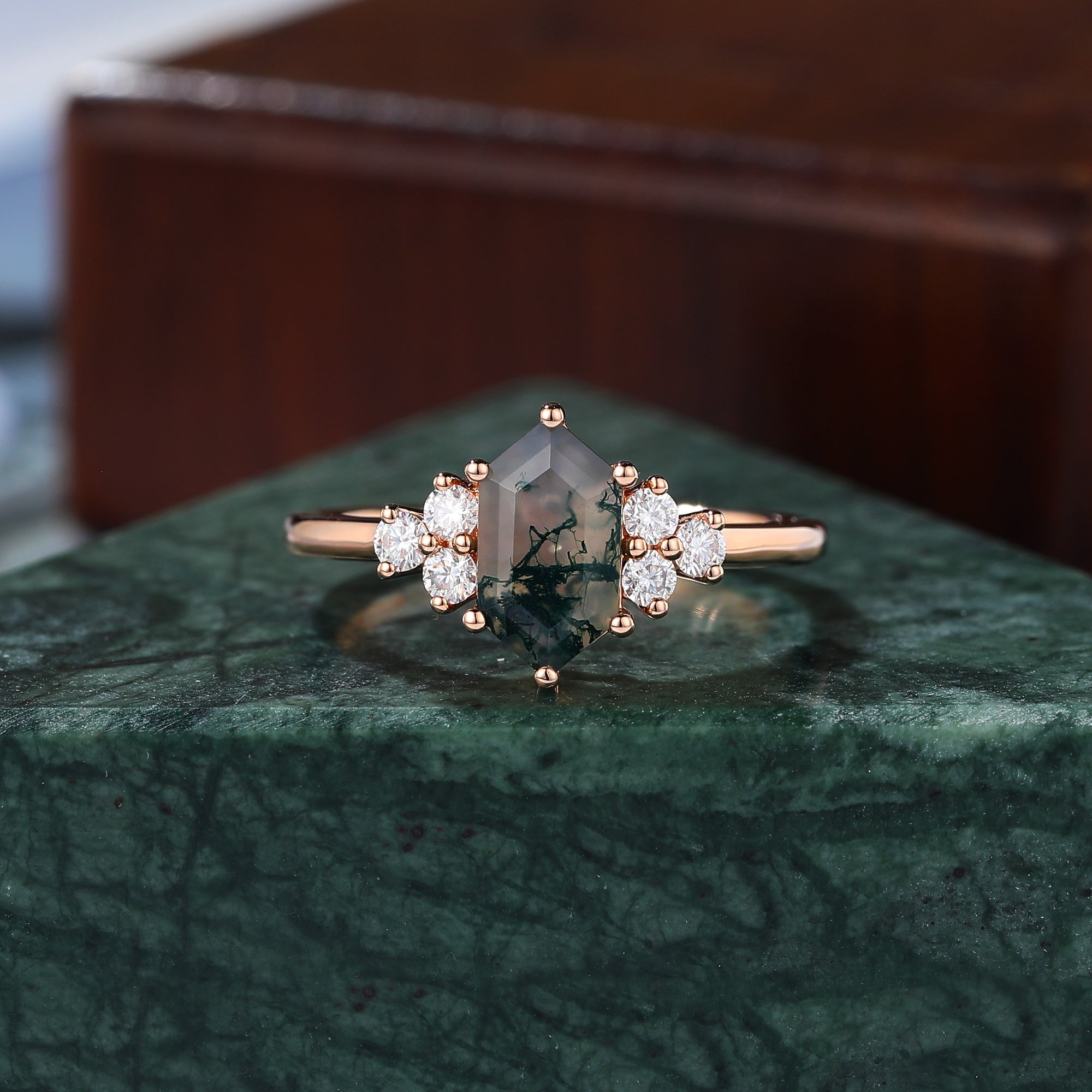Long hexagon cut Moss Agate rose gold engagement Ring.