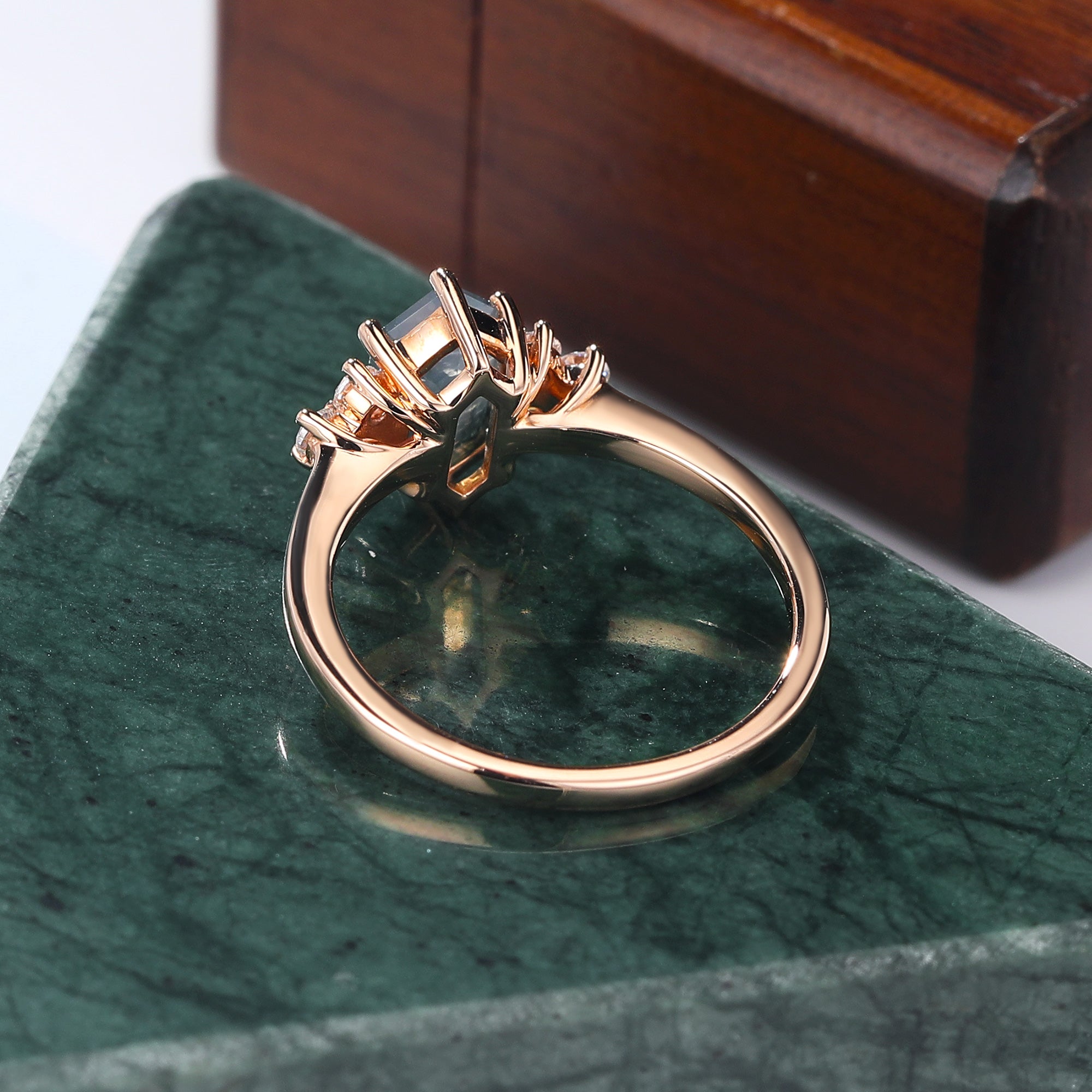 Long hexagon cut Moss Agate rose gold engagement Ring.