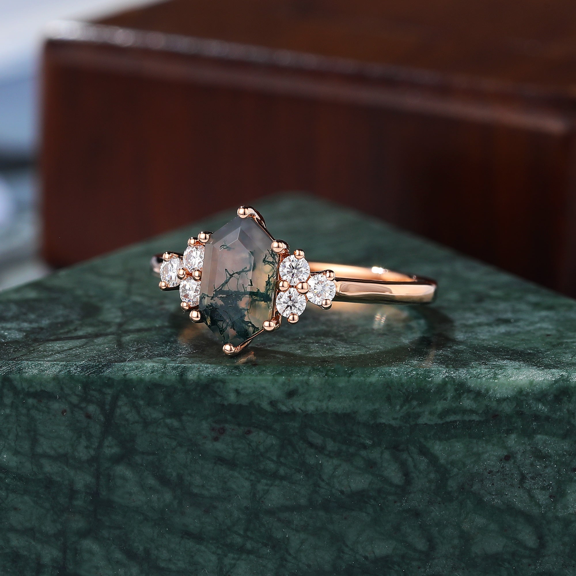 Long hexagon cut Moss Agate rose gold engagement Ring.