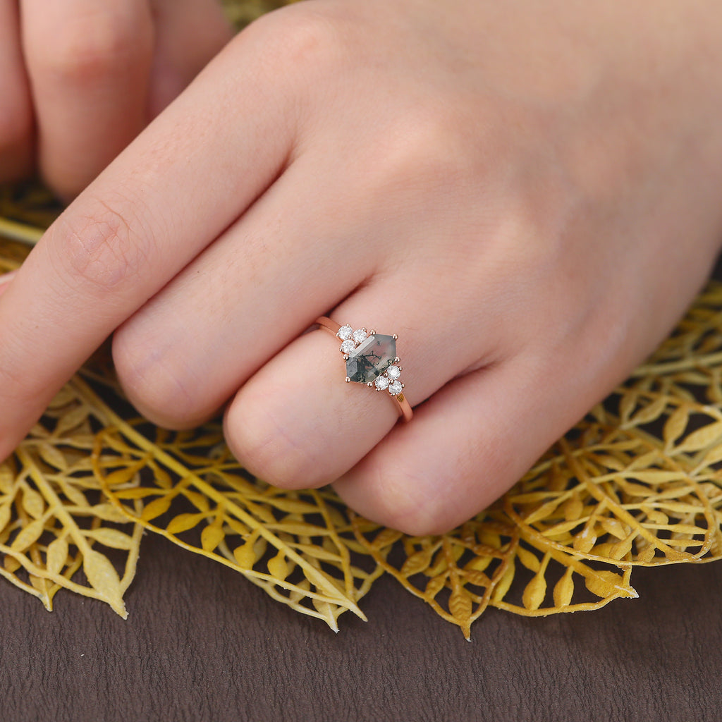 Long hexagon cut Moss Agate rose gold engagement Ring.