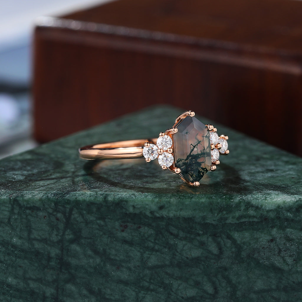 Long hexagon cut Moss Agate rose gold engagement Ring.