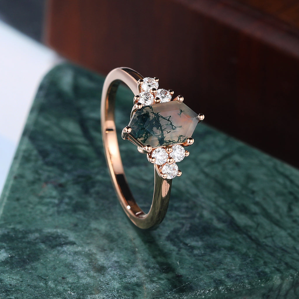 Long hexagon cut Moss Agate rose gold engagement Ring.