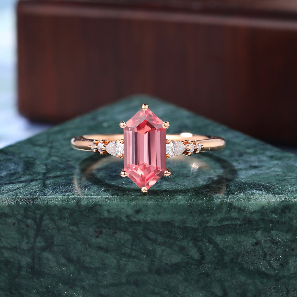Long Hexagon cut Lab Pink Sapphire engagement ring , unique moissanite bridal ring rose/white/yellow gold ring, S925/10k/14k/18k gold