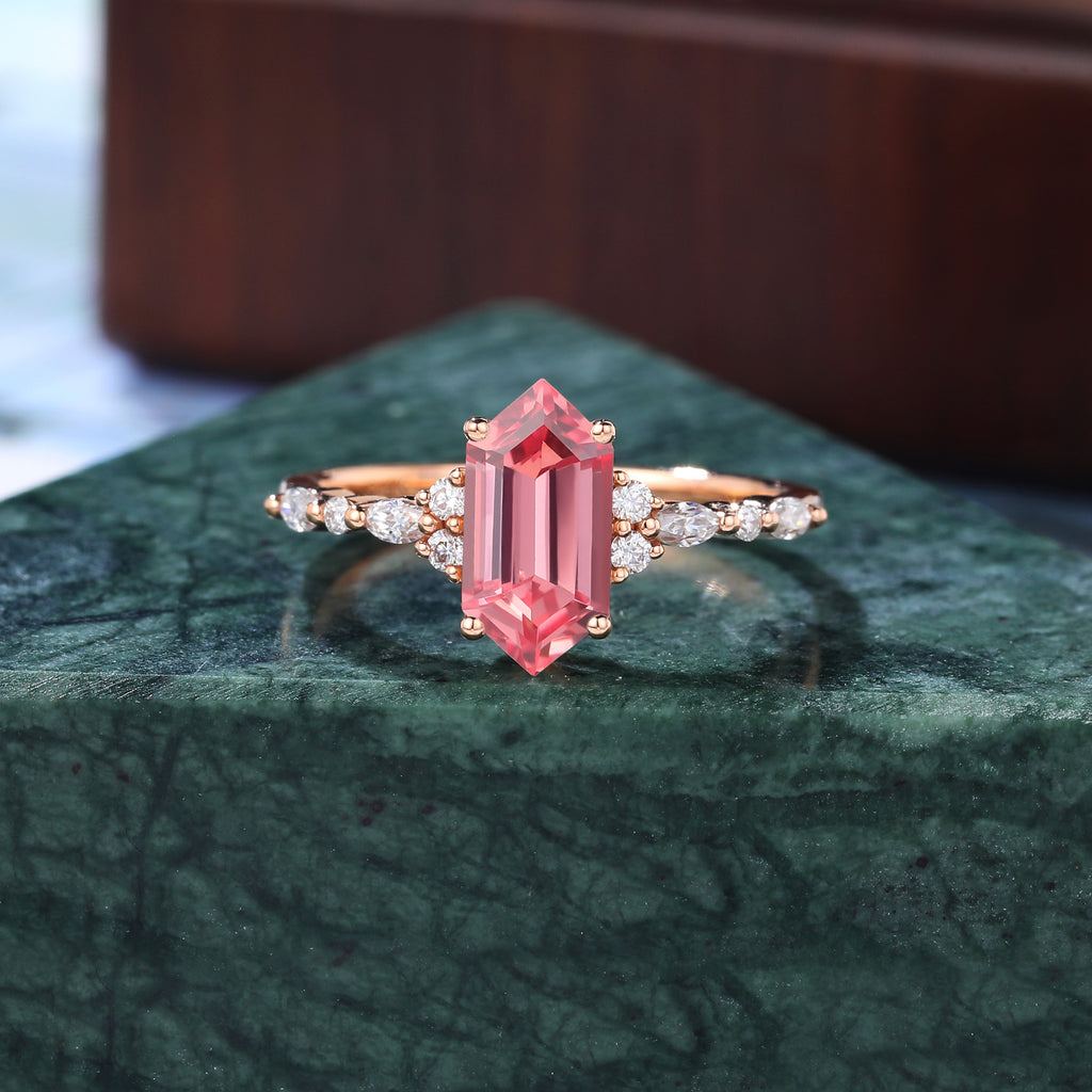 Long hexagon cut Lab Pink Sapphire engagement ring 925silver/10k/14k/18k gold