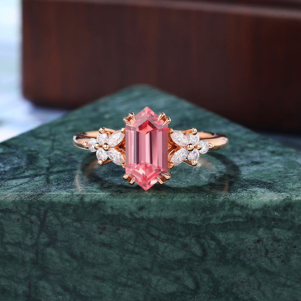 Long hexagon cut Lab Pink Sapphire engagement ring 925silver/10k/14k/18k gold , unique moissanite bridal ring rose/white/yellow gold