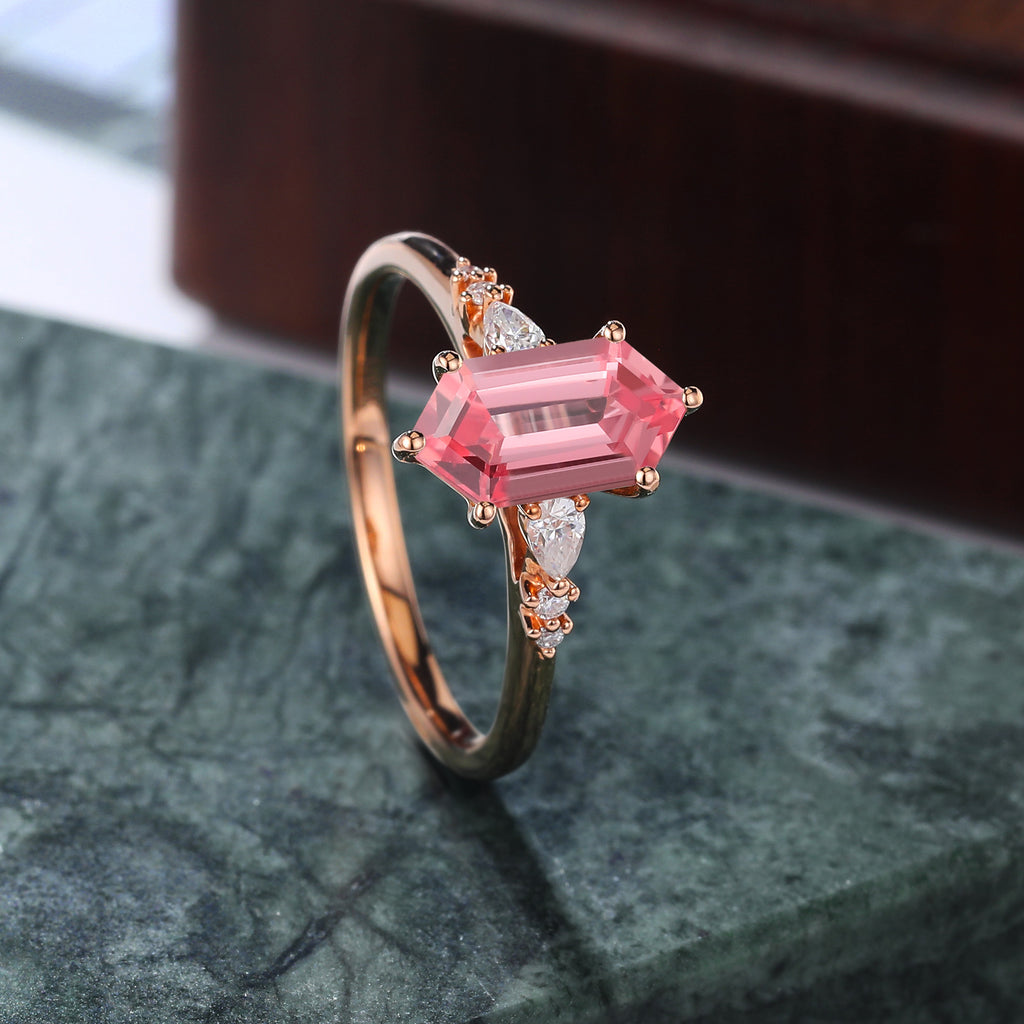 Long Hexagon cut Lab Pink Sapphire engagement ring , unique moissanite bridal ring rose/white/yellow gold ring, S925/10k/14k/18k gold