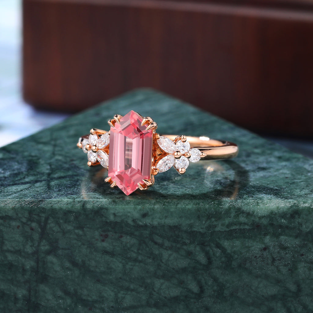 Long hexagon cut Lab Pink Sapphire engagement ring 925silver/10k/14k/18k gold , unique moissanite bridal ring rose/white/yellow gold