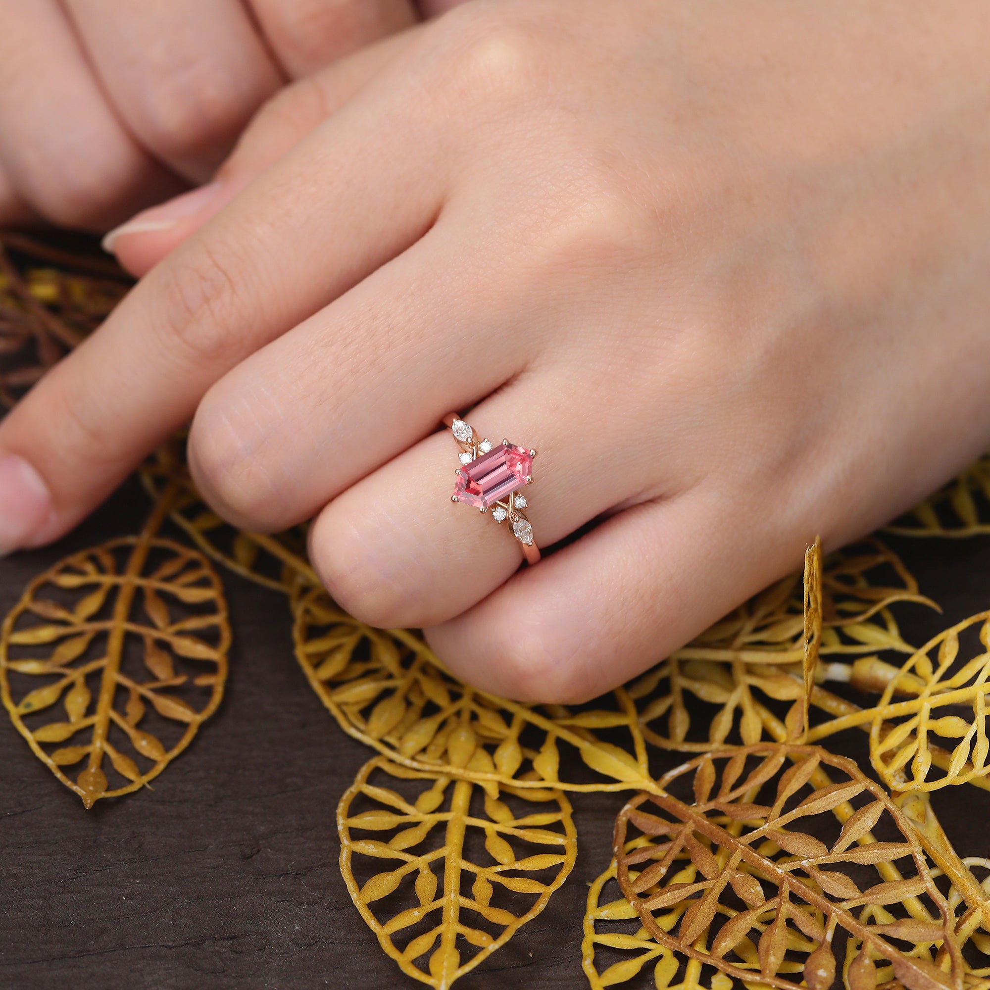 Long Hexagon cut Lab Pink Sapphire engagement ring 925silver/10k/14k/18k gold, rose/white/yellow gold ring