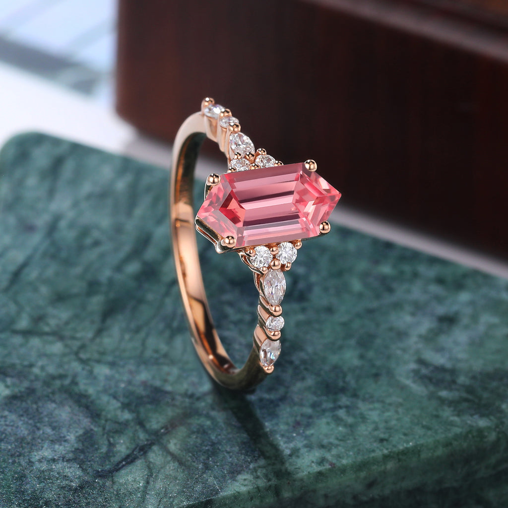 Long hexagon cut Lab Pink Sapphire engagement ring 925silver/10k/14k/18k gold