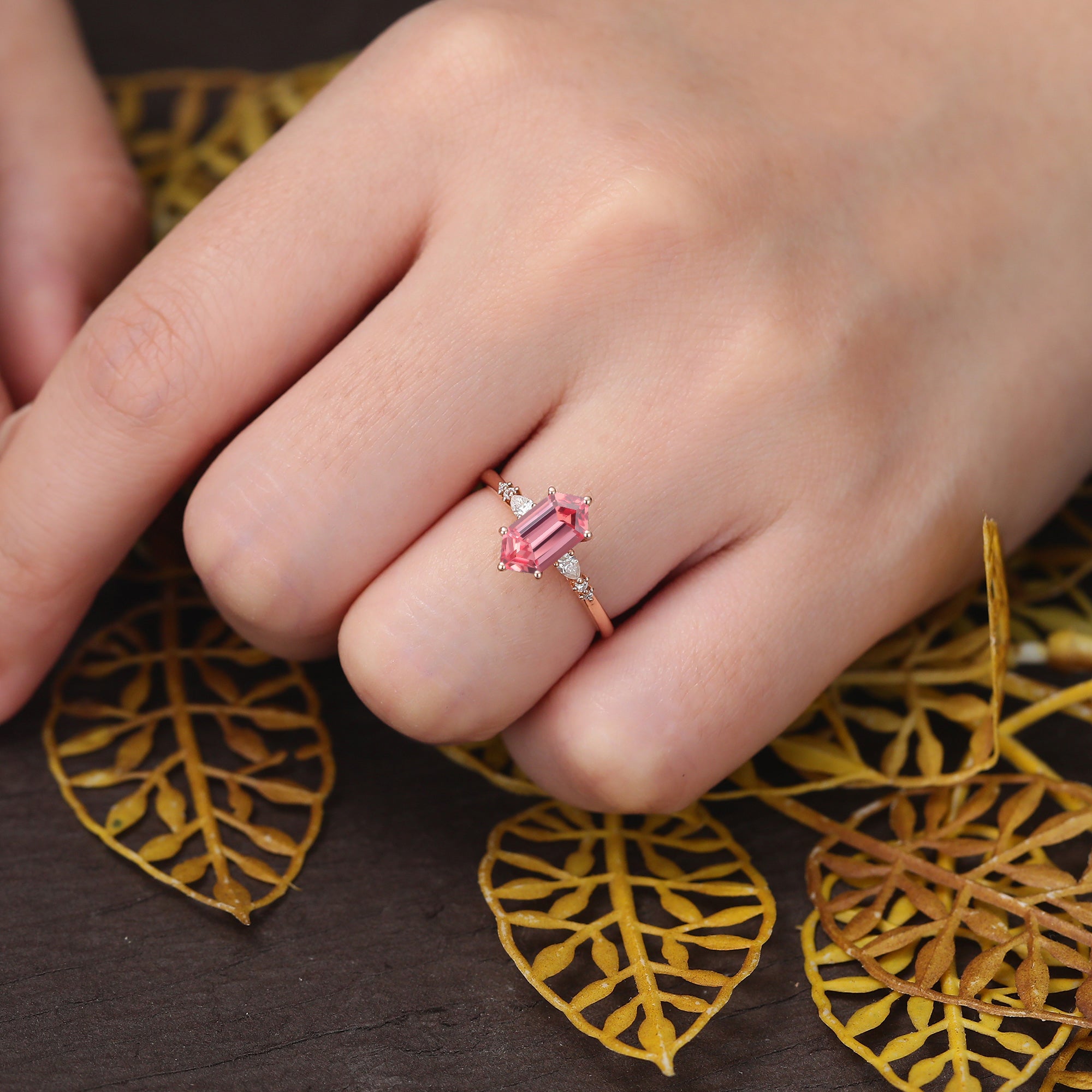 Long Hexagon cut Lab Pink Sapphire engagement ring , unique moissanite bridal ring rose/white/yellow gold ring, S925/10k/14k/18k gold