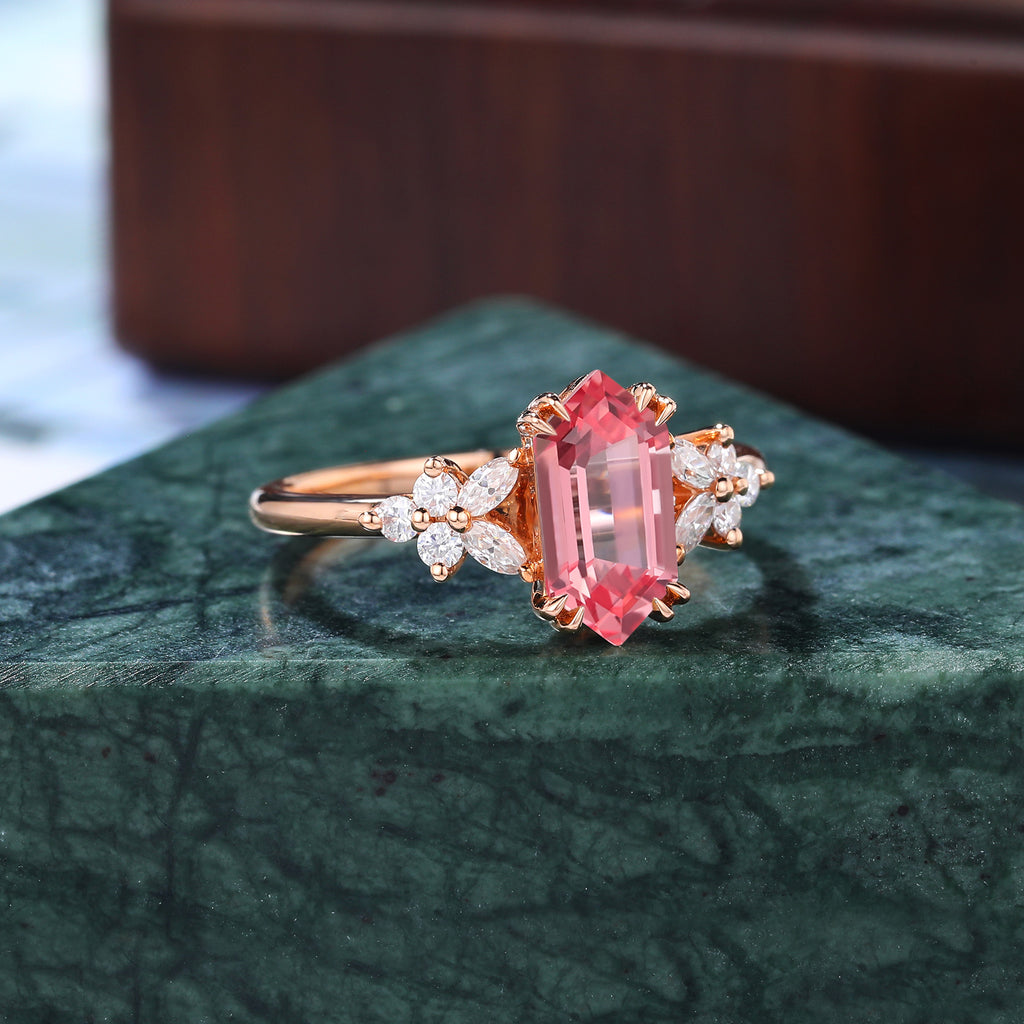 Long hexagon cut Lab Pink Sapphire engagement ring 925silver/10k/14k/18k gold , unique moissanite bridal ring rose/white/yellow gold