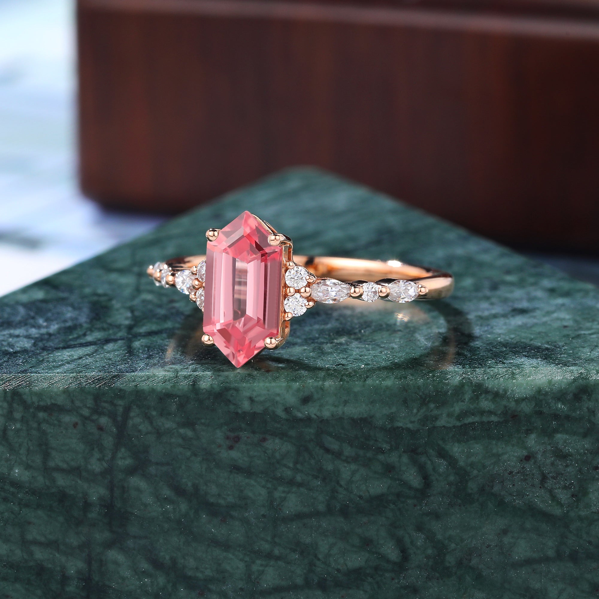 Long hexagon cut Lab Pink Sapphire engagement ring 925silver/10k/14k/18k gold