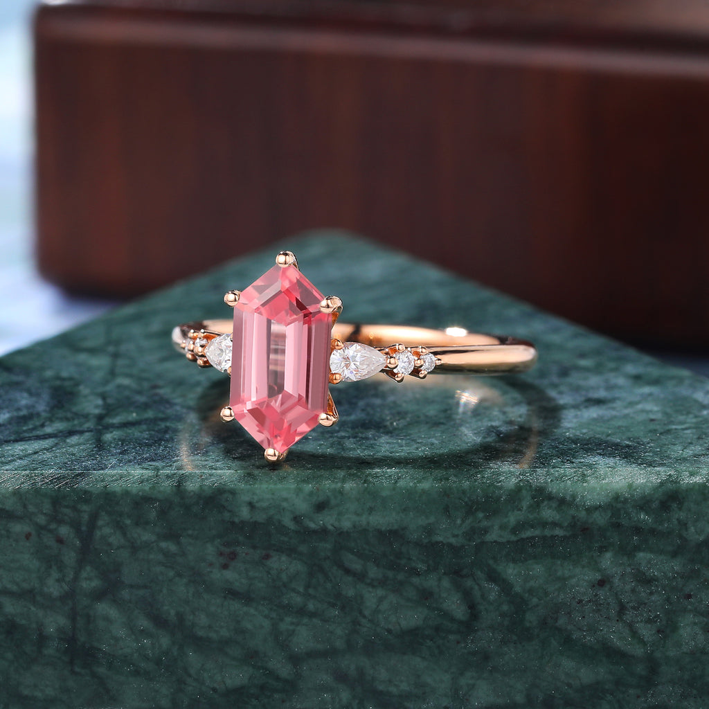 Long Hexagon cut Lab Pink Sapphire engagement ring , unique moissanite bridal ring rose/white/yellow gold ring, S925/10k/14k/18k gold