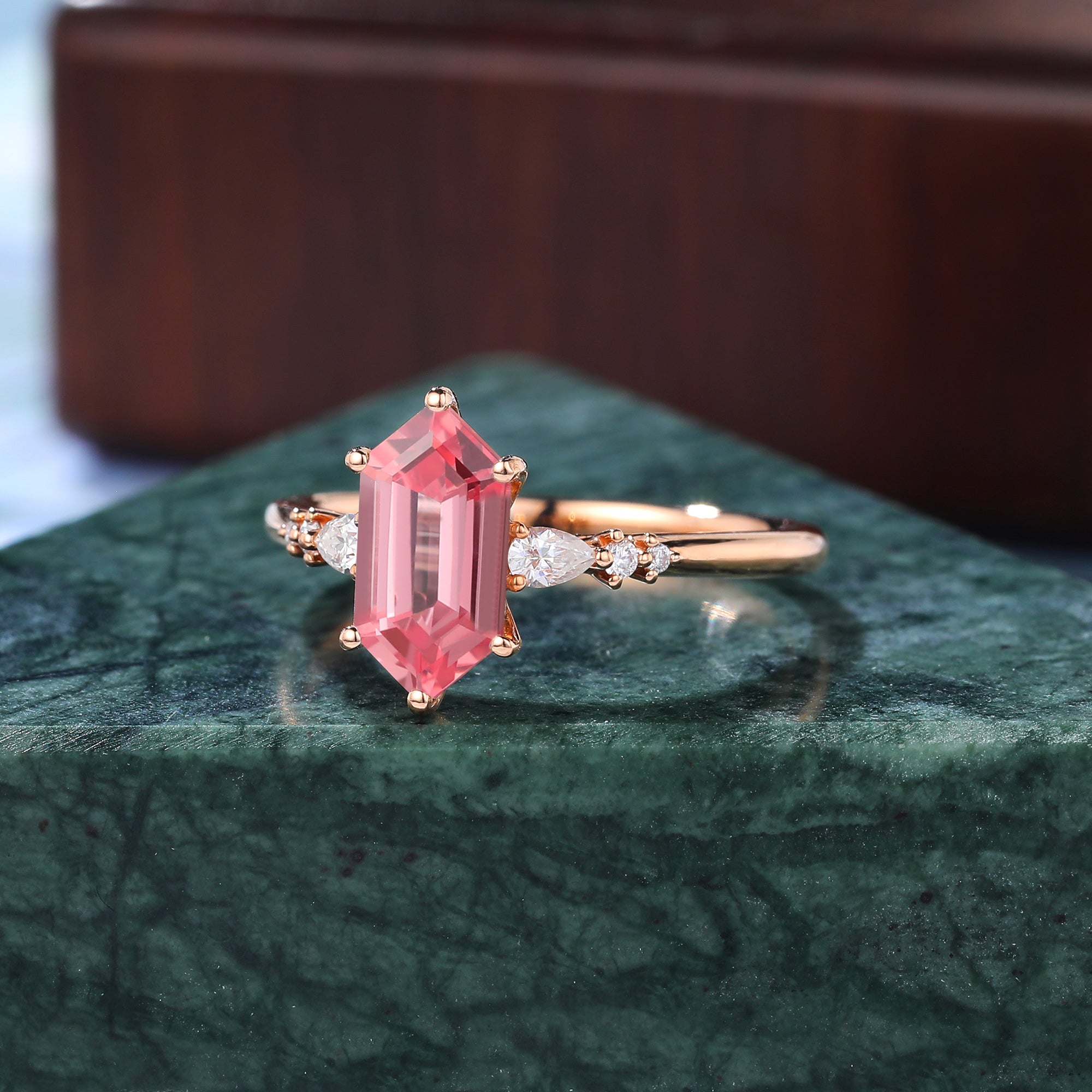 Long Hexagon cut Lab Pink Sapphire engagement ring , unique moissanite bridal ring rose/white/yellow gold ring, S925/10k/14k/18k gold