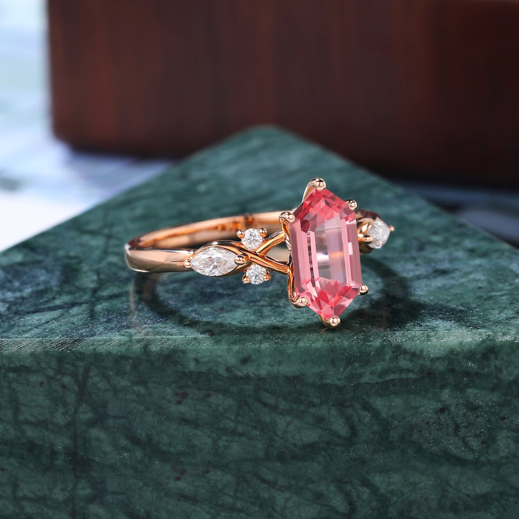 Long Hexagon cut Lab Pink Sapphire engagement ring 925silver/10k/14k/18k gold, rose/white/yellow gold ring