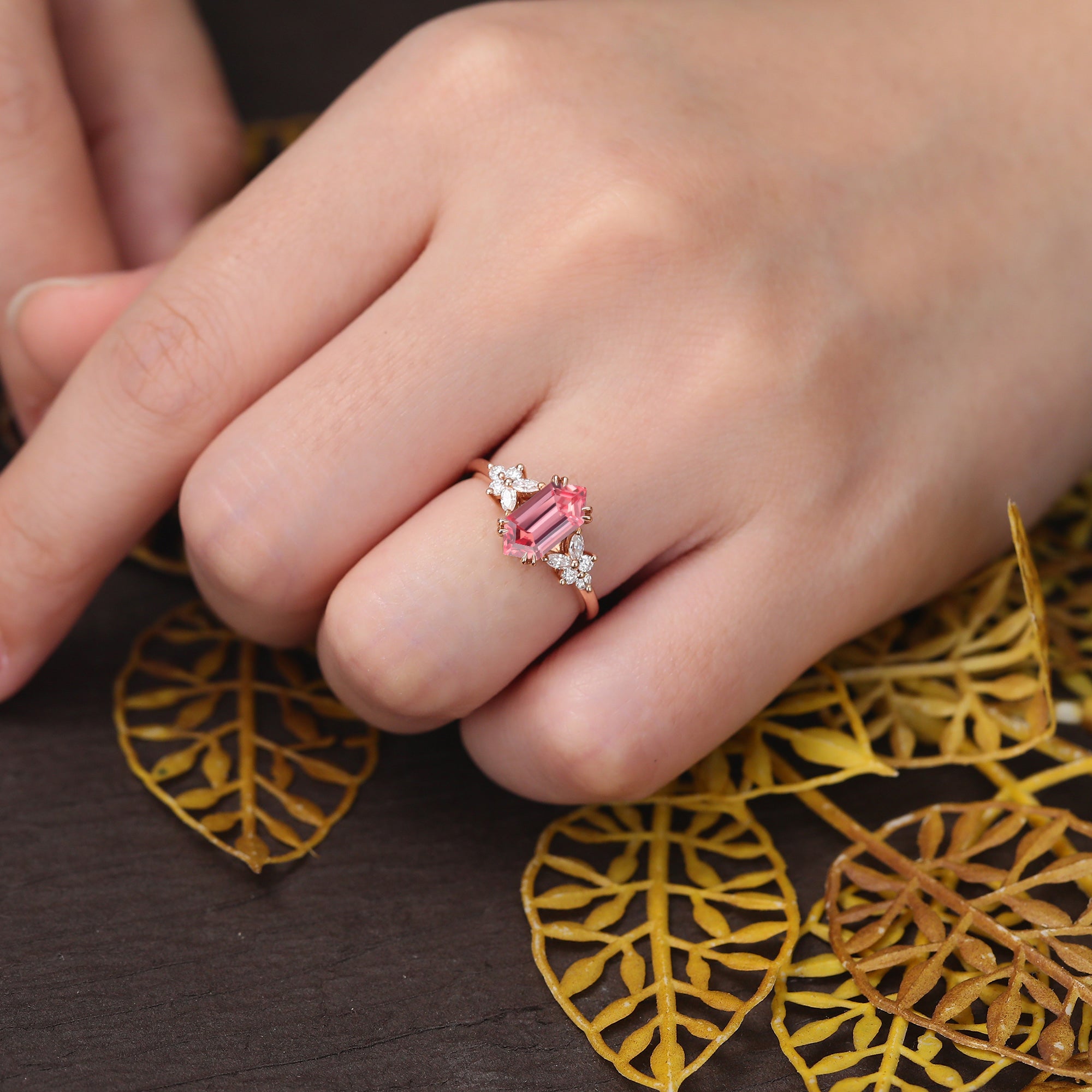 Long hexagon cut Lab Pink Sapphire engagement ring 925silver/10k/14k/18k gold , unique moissanite bridal ring rose/white/yellow gold