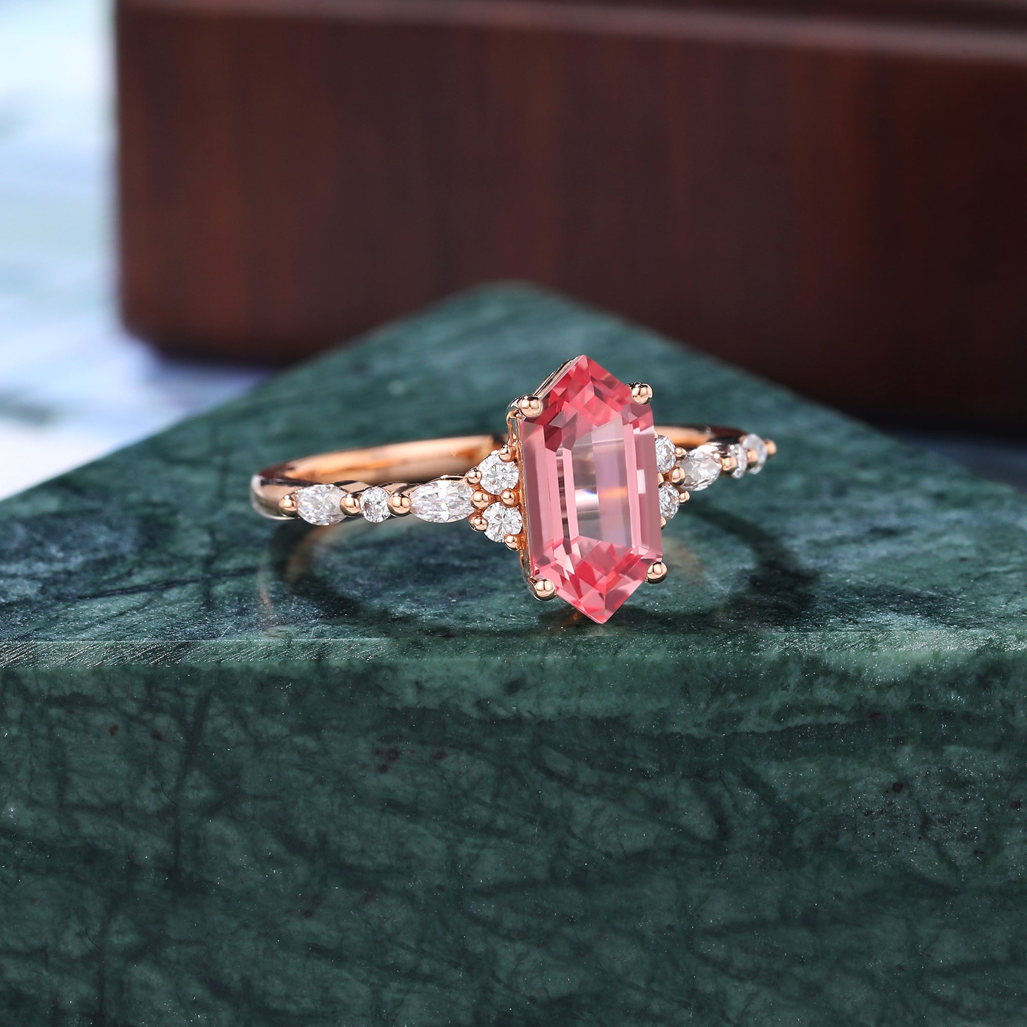 Long hexagon cut Lab Pink Sapphire engagement ring 925silver/10k/14k/18k gold