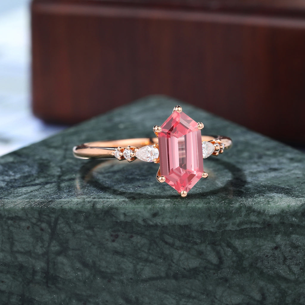 Long Hexagon cut Lab Pink Sapphire engagement ring , unique moissanite bridal ring rose/white/yellow gold ring, S925/10k/14k/18k gold