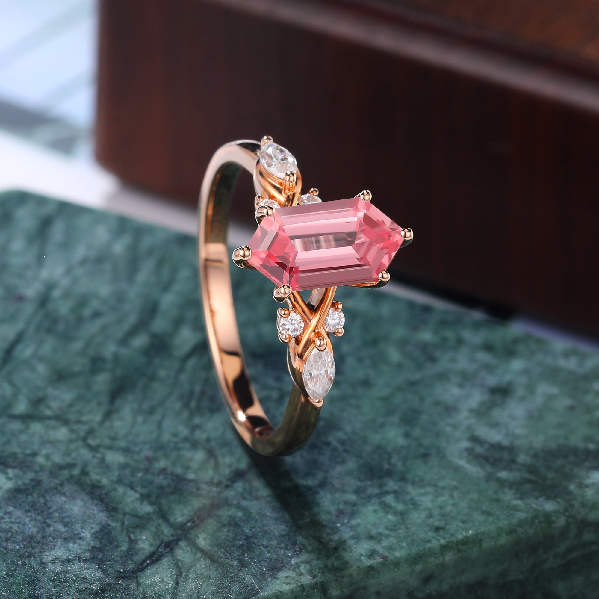 Long Hexagon cut Lab Pink Sapphire engagement ring 925silver/10k/14k/18k gold, rose/white/yellow gold ring