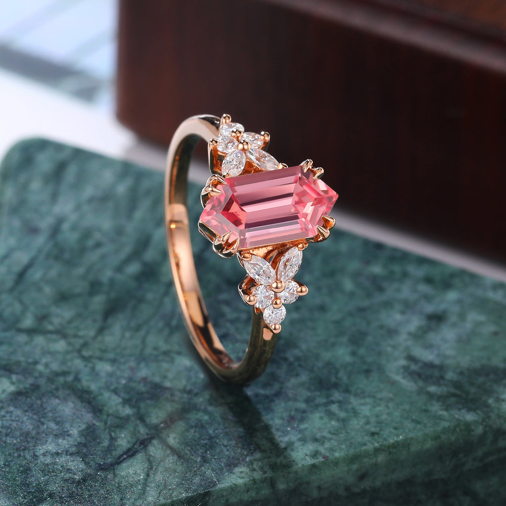 Long hexagon cut Lab Pink Sapphire engagement ring 925silver/10k/14k/18k gold , unique moissanite bridal ring rose/white/yellow gold