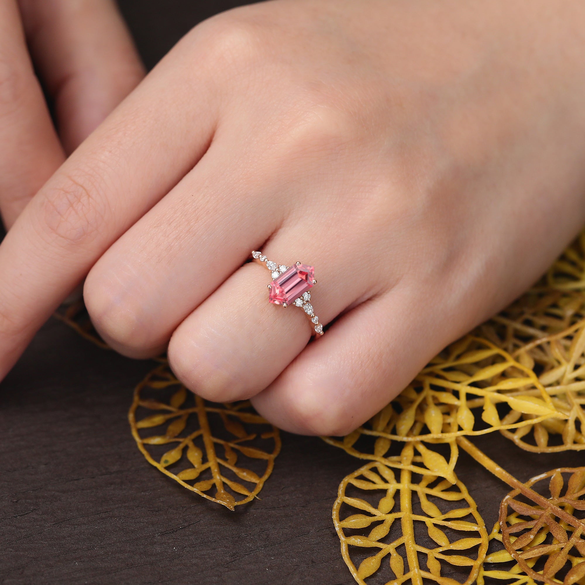 Long hexagon cut Lab Pink Sapphire engagement ring 925silver/10k/14k/18k gold