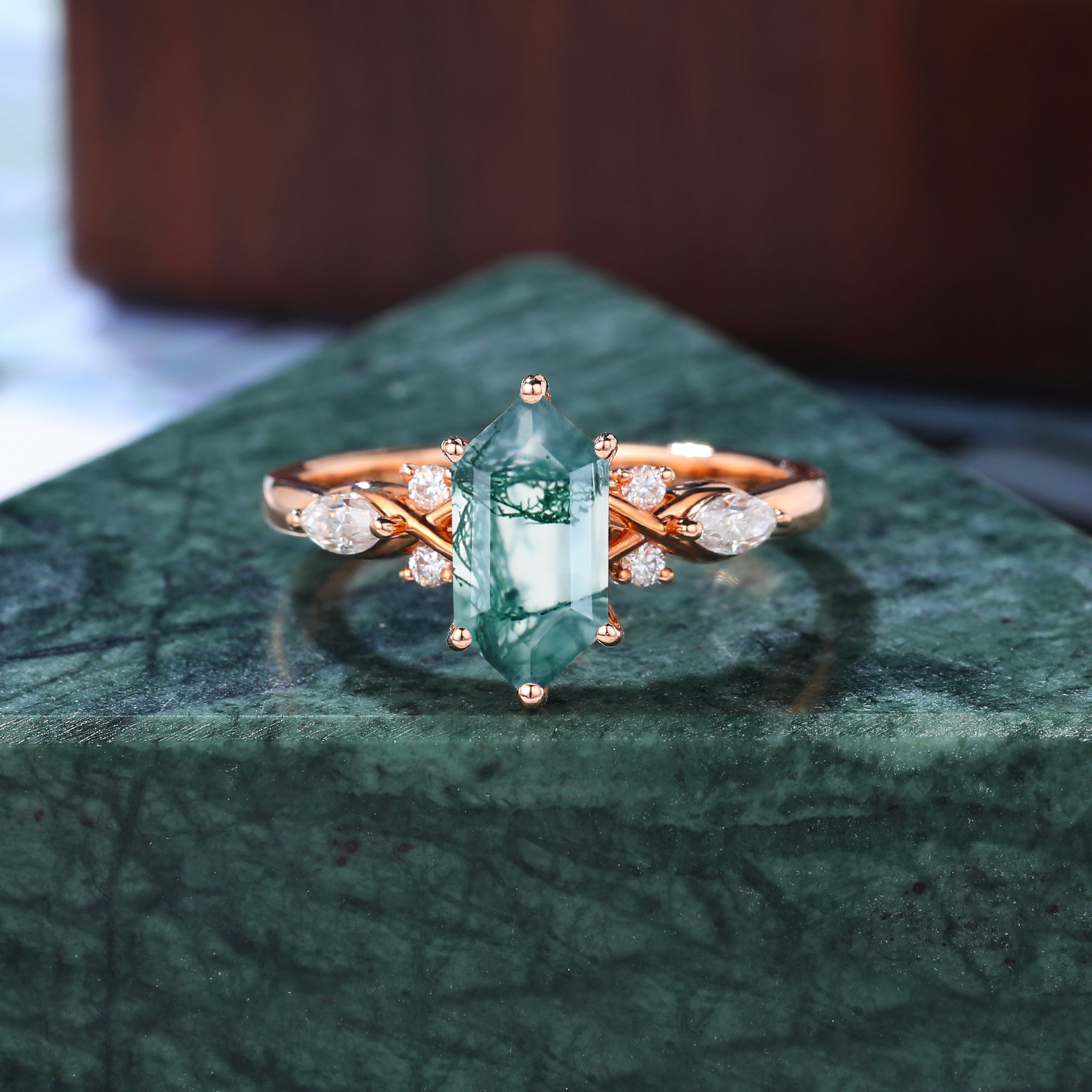 Long Hexagon cut Moss agate engagement ring S925/10k/14k/18k gold , unique bridal ring rose/white/yellow gold