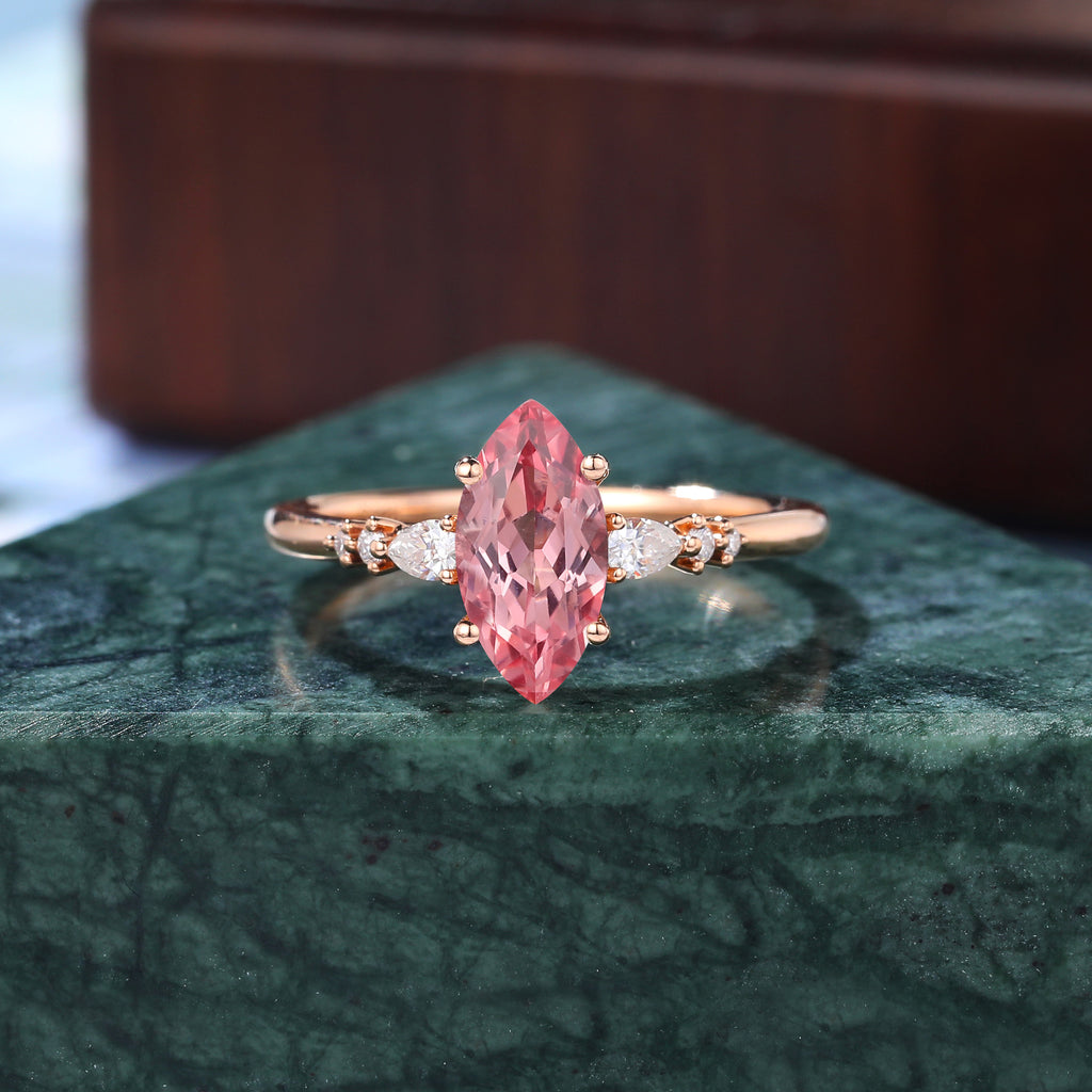 Marquise cut Lab Pink Sapphire engagement ring , unique moissanite bridal ring rose/white/yellow gold, S925/10k/14k/18k gold