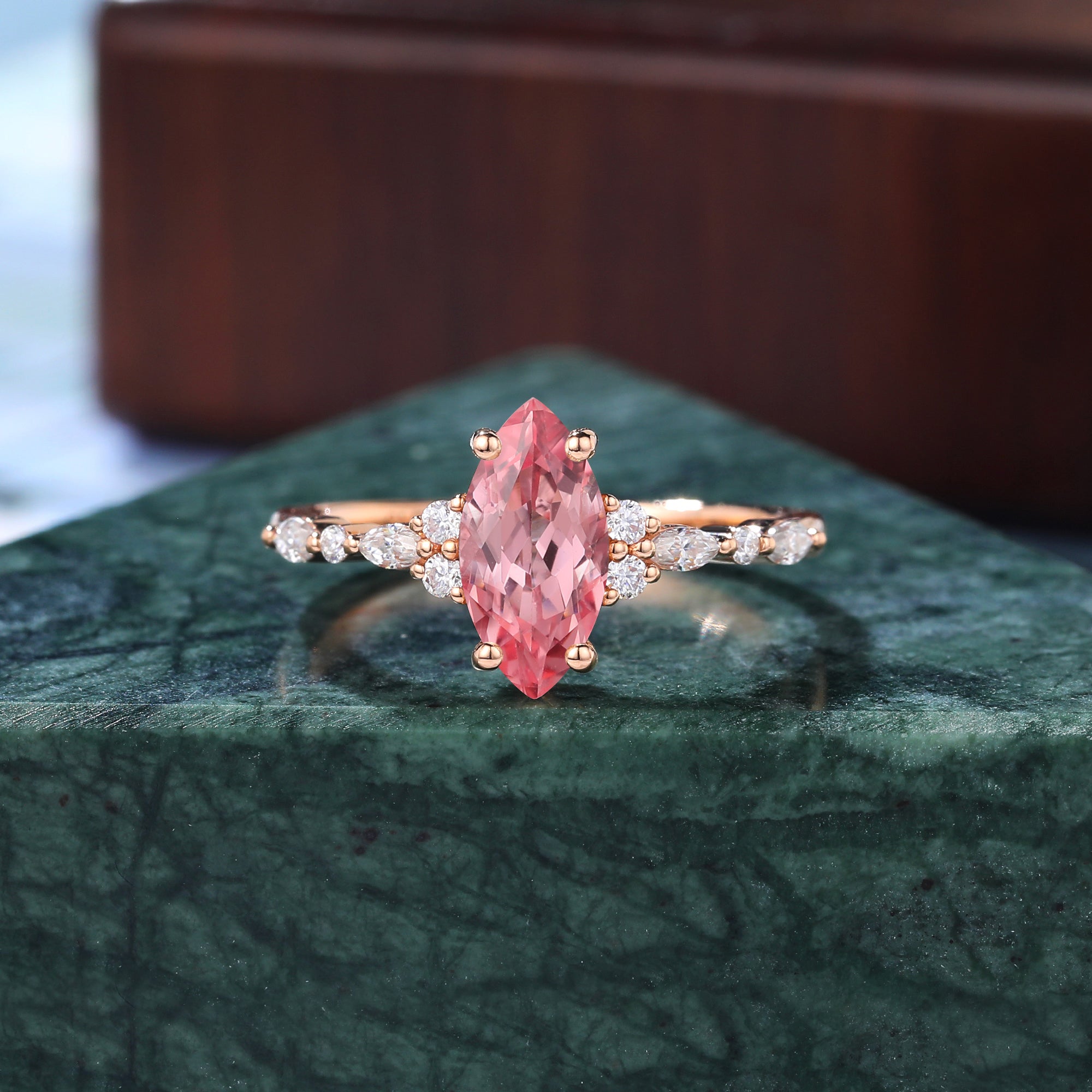 Marquise cut Lab Pink Sapphire engagement ring 925silver/10k/14k/18k gold , unique moissanite bridal ring rose/white/yellow gold ring .Anniversary Gift.