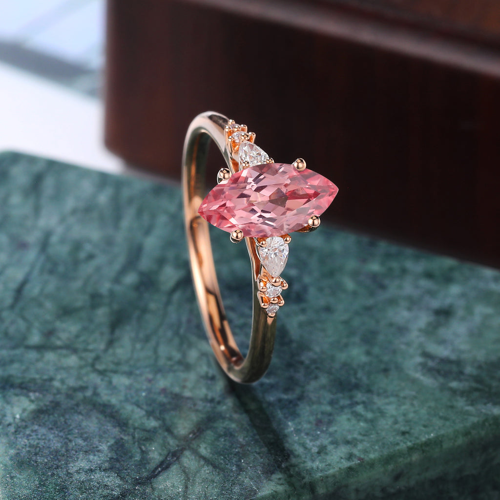 Marquise cut Lab Pink Sapphire engagement ring , unique moissanite bridal ring rose/white/yellow gold, S925/10k/14k/18k gold