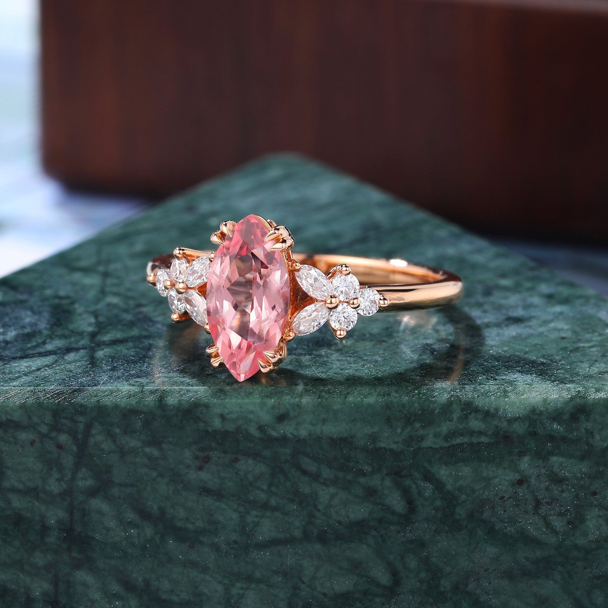 Marquise cut Lab Pink Sapphire engagement ring 925silver/10k/14k/18k gold , unique moissanite bridal ring rose/white/yellow gold
