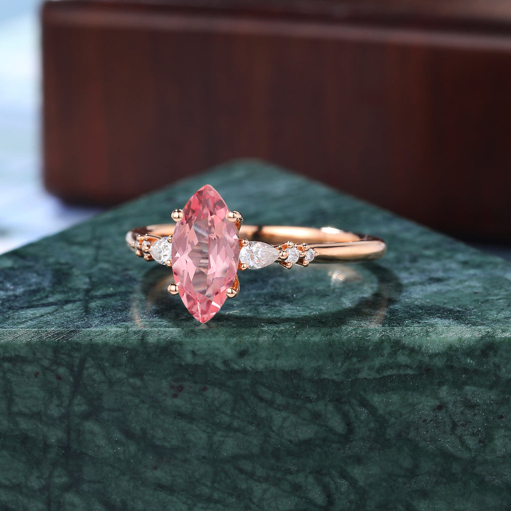 Marquise cut Lab Pink Sapphire engagement ring , unique moissanite bridal ring rose/white/yellow gold, S925/10k/14k/18k gold