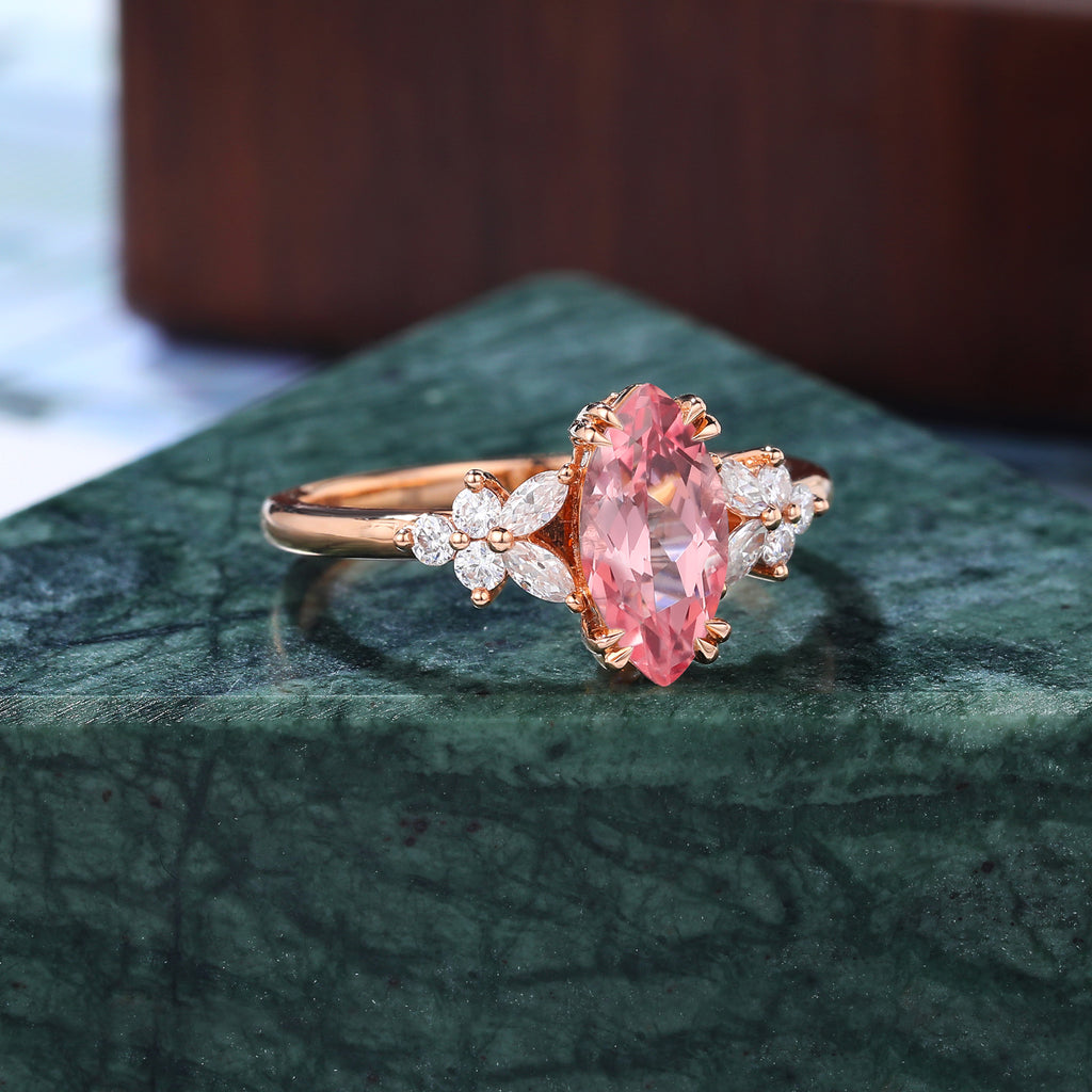 Marquise cut Lab Pink Sapphire engagement ring 925silver/10k/14k/18k gold , unique moissanite bridal ring rose/white/yellow gold
