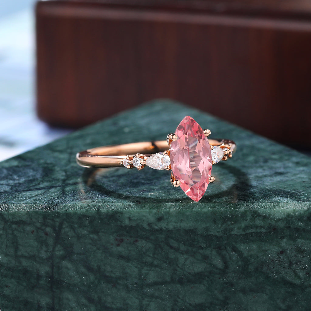 Marquise cut Lab Pink Sapphire engagement ring , unique moissanite bridal ring rose/white/yellow gold, S925/10k/14k/18k gold