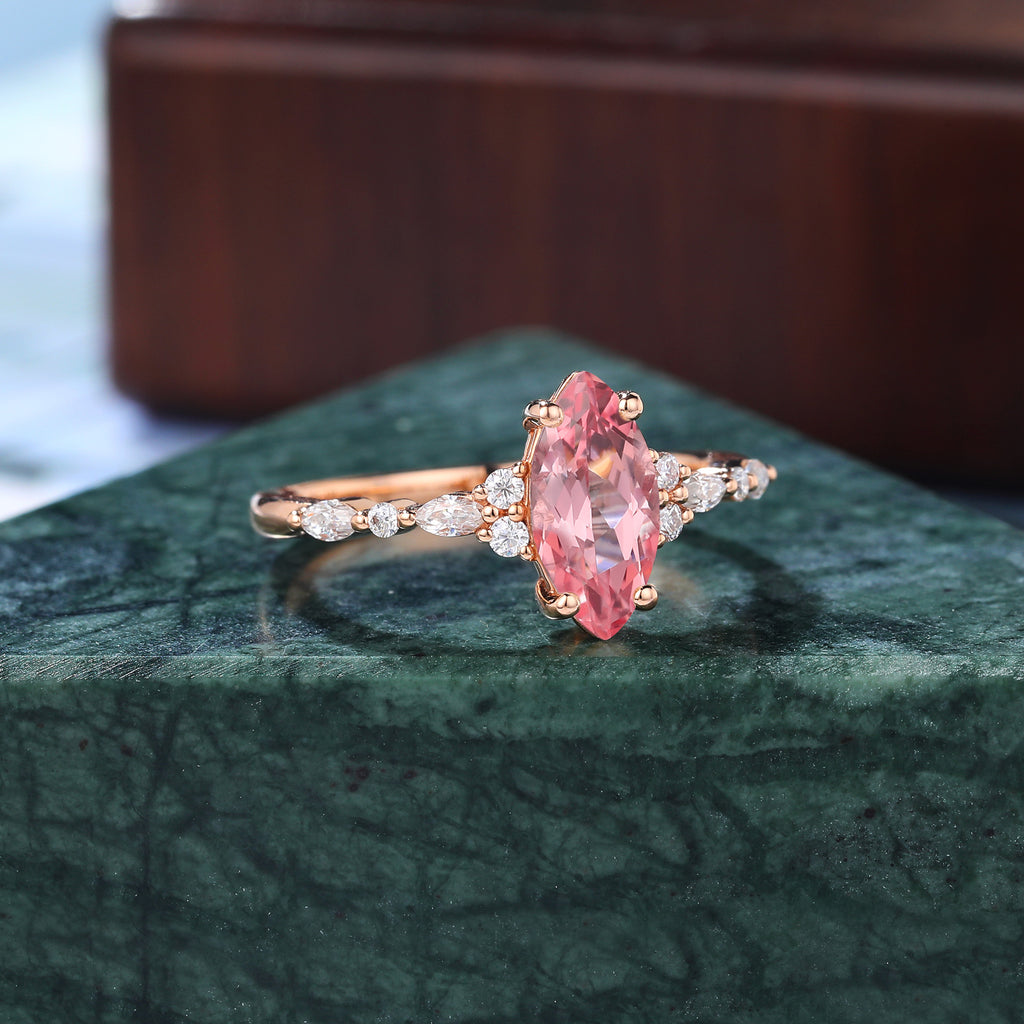 Marquise cut Lab Pink Sapphire engagement ring 925silver/10k/14k/18k gold , unique moissanite bridal ring rose/white/yellow gold ring .Anniversary Gift.