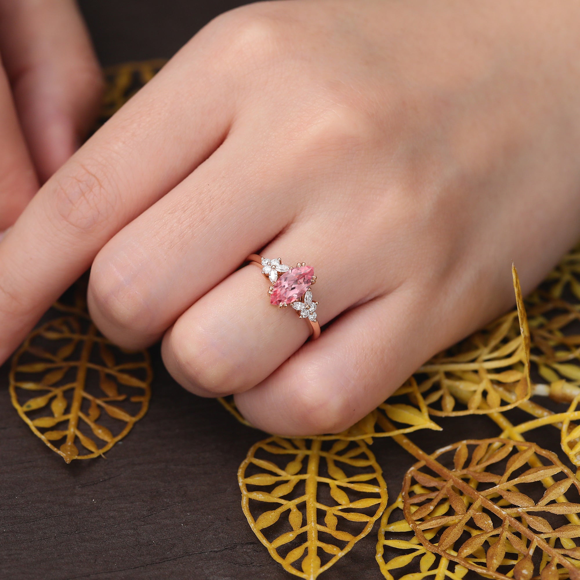 Marquise cut Lab Pink Sapphire engagement ring 925silver/10k/14k/18k gold , unique moissanite bridal ring rose/white/yellow gold