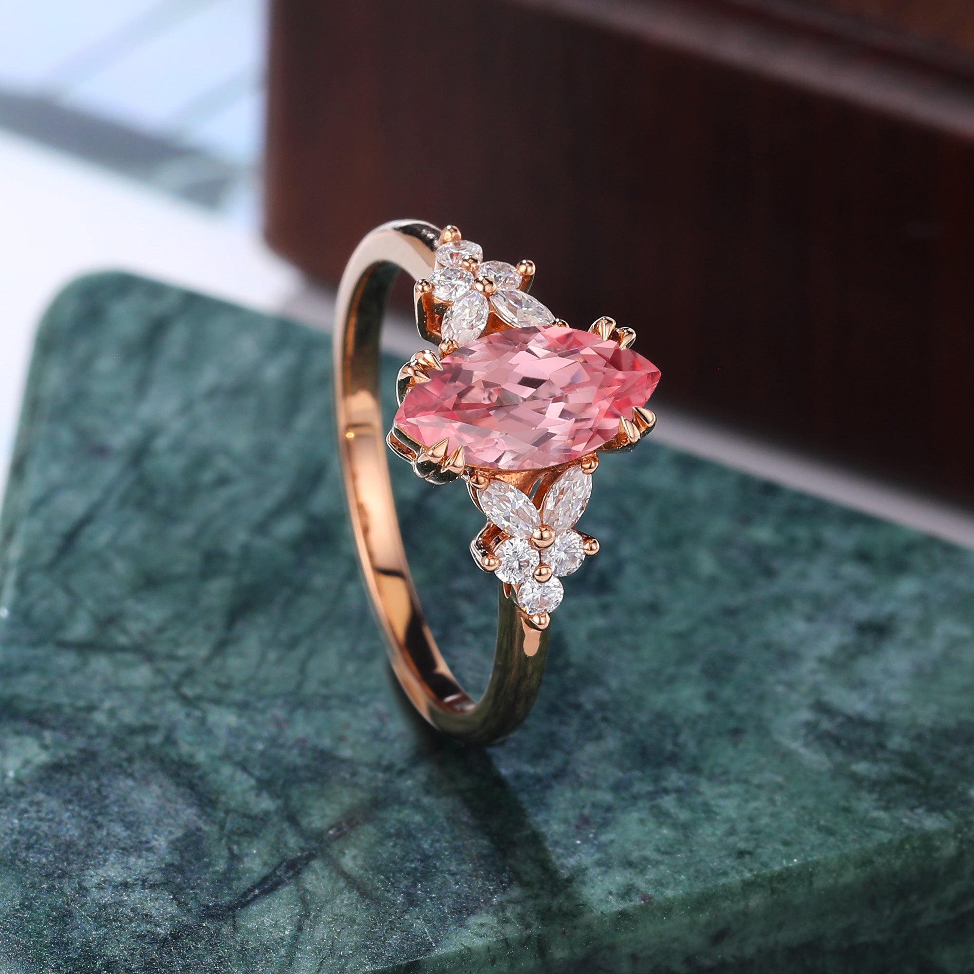 Marquise cut Lab Pink Sapphire engagement ring 925silver/10k/14k/18k gold , unique moissanite bridal ring rose/white/yellow gold