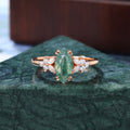Marquise cut Moss agate yellow gold engagement ring S925/10k/14k/18k gold , unique bridal ring rose/white/yellow gold