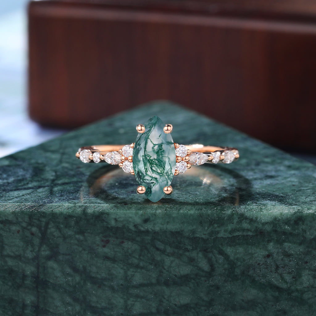 Marquise cut Moss agate engagement ring S925/10k/14k/18k , unique bridal ring rose/white/yellow gold