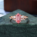 Long Hexagon cut Lab Pink Sapphire engagement ring S925/10k/14k/18k gold , unique moissanite bridal ring rose/white/yellow gold