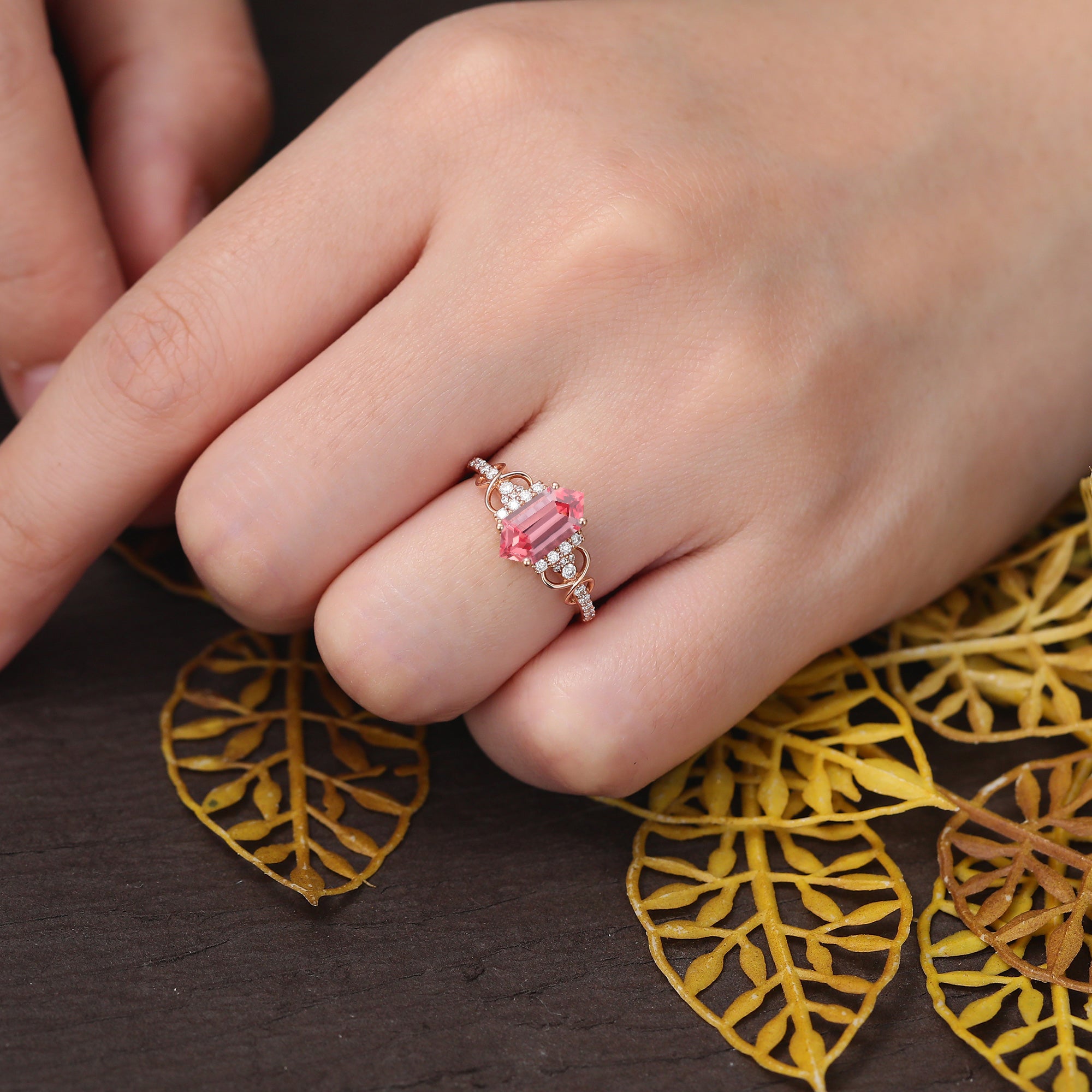 Long hexagon cut Lab Pink Sapphire engagement ring S925/10k/14k/18k gold , unique moissanite bridal ring rose/white/yellow gold