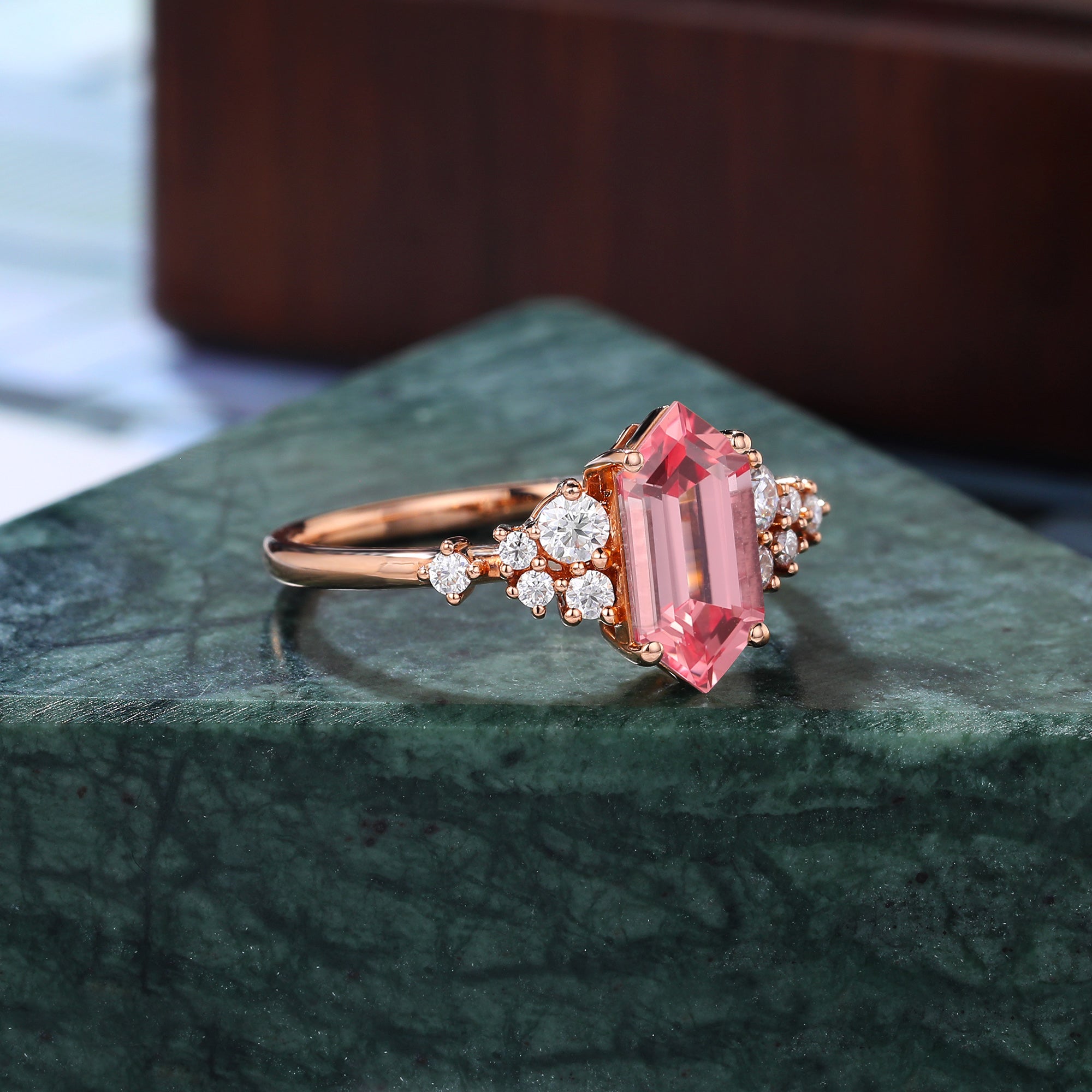 Long Hexagon cut Lab Pink Sapphire engagement ring S925/10k/14k/18k gold , unique moissanite bridal ring rose/white/yellow gold