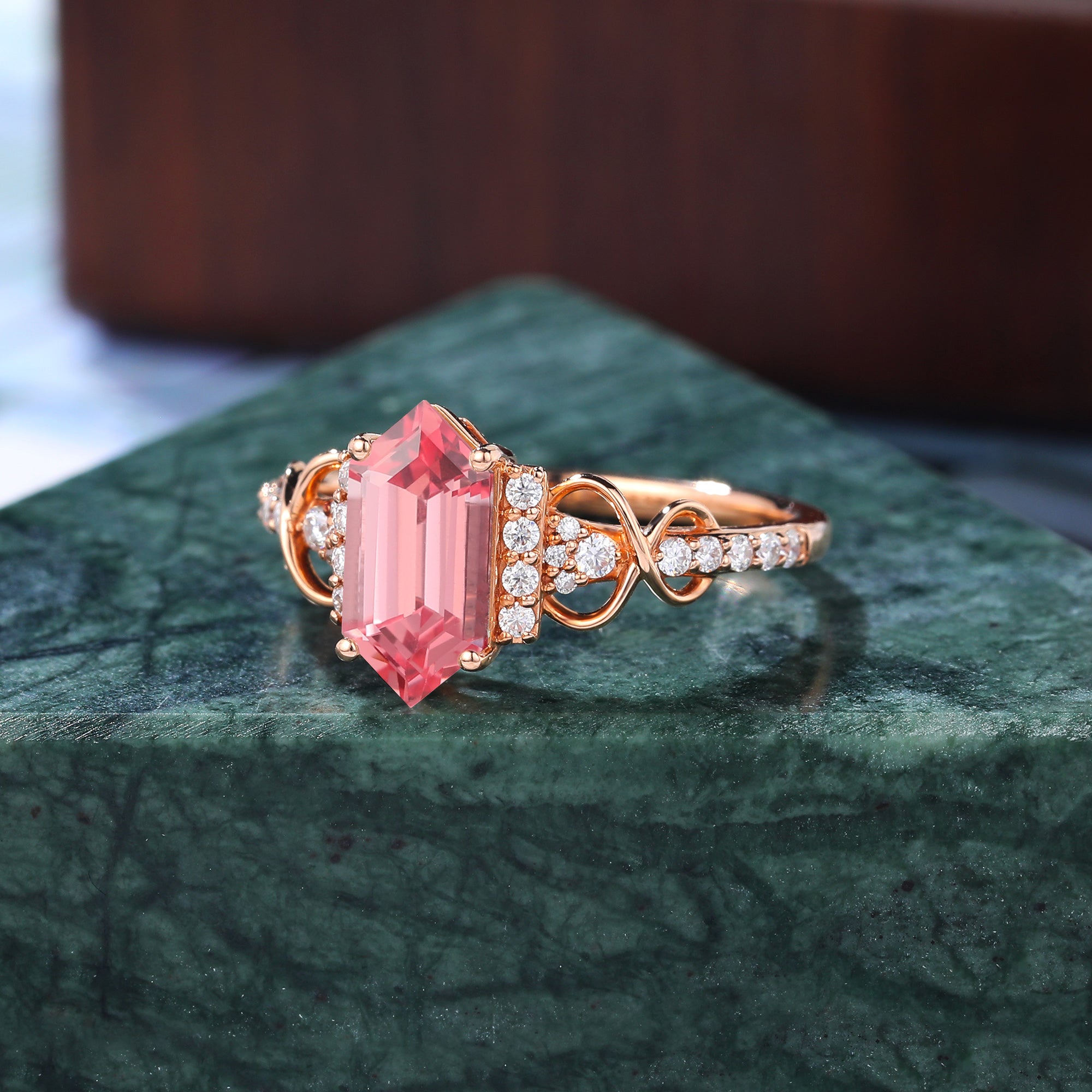 Long hexagon cut Lab Pink Sapphire engagement ring S925/10k/14k/18k gold , unique moissanite bridal ring rose/white/yellow gold