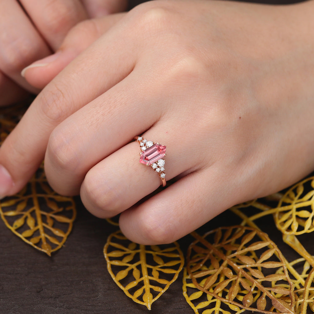 Long Hexagon cut Lab Pink Sapphire engagement ring S925/10k/14k/18k gold , unique moissanite bridal ring rose/white/yellow gold