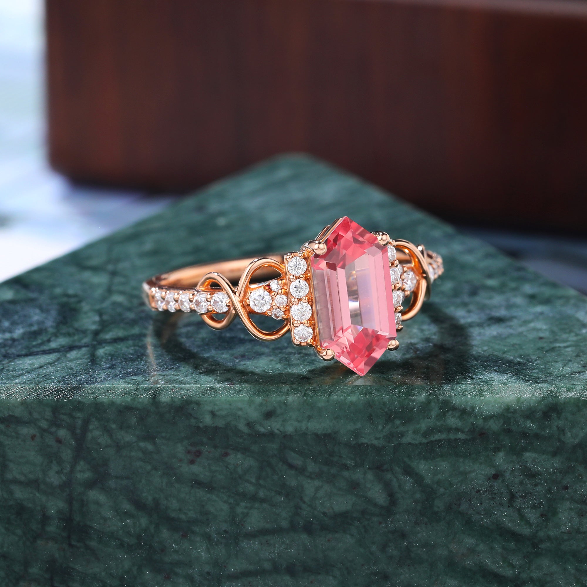 Long hexagon cut Lab Pink Sapphire engagement ring S925/10k/14k/18k gold , unique moissanite bridal ring rose/white/yellow gold